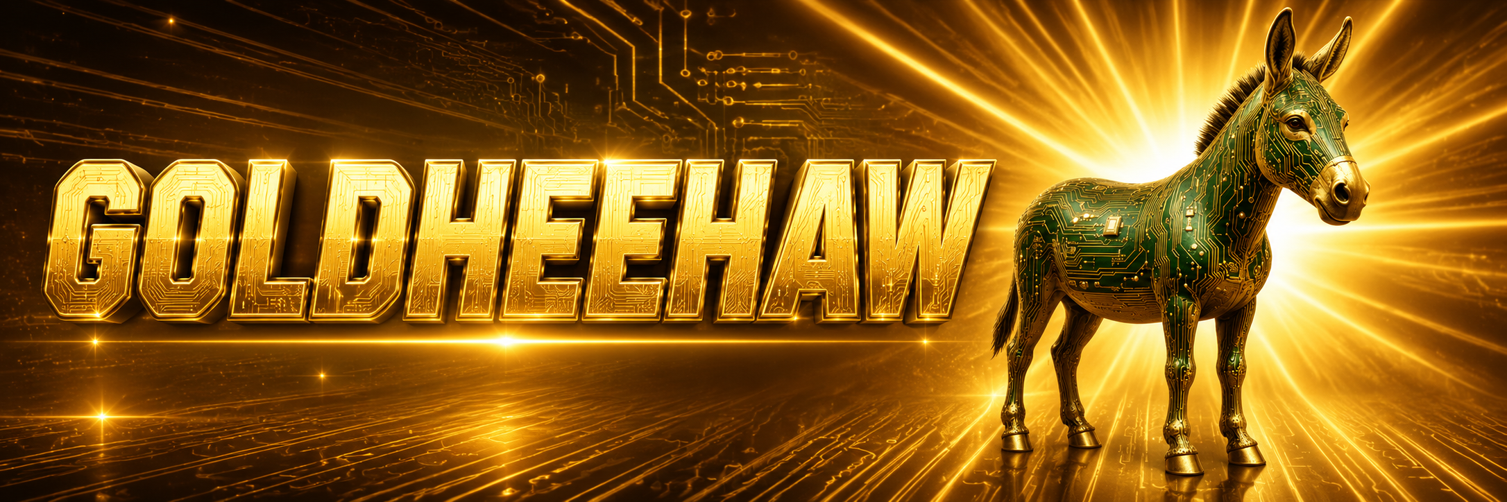 The GOLDEN HeeHaw banner — donkey in heaven scrolling on a gold